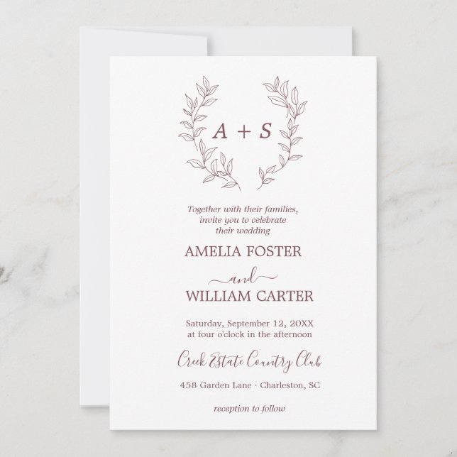 Invitación de boda con monograma formal de hoja mi (Anverso)