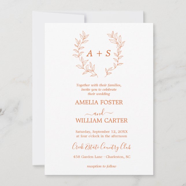 Invitación de boda con monograma formal de hoja mi (Anverso)