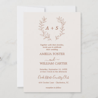 Invitación de boda con monograma formal de hoja mi