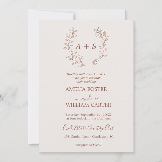 Invitación de boda con monograma formal de hoja mi (Anverso)
