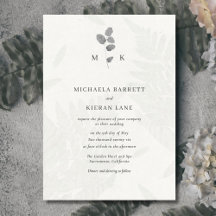 Invitación de Boda con Monograma Gris de Hoja Botá