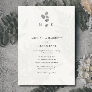 Invitación de Boda con Monograma Gris de Hoja Botá