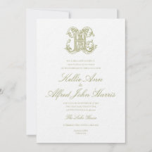 Invitación de boda con monograma "H" verde oliva
