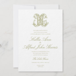 Invitación de boda con monograma "H" verde oliva