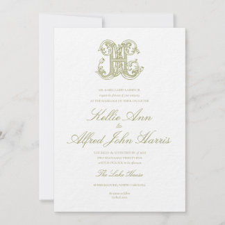 Invitación de boda con monograma "H" verde oliva