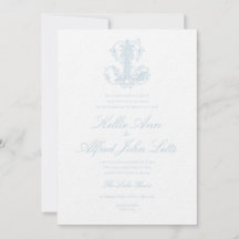Invitación de boda con monograma "L" azul claro