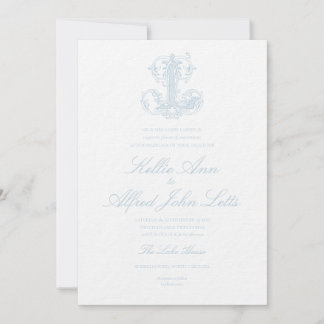 Invitación de boda con monograma "L" azul claro