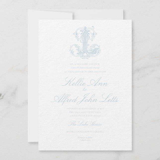 Invitación de boda con monograma "L" azul claro (Anverso)