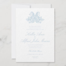 Invitación de boda con monograma "M" azul claro