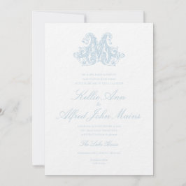 Invitación de boda con monograma "M" azul claro