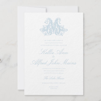 Invitación de boda con monograma "M" azul claro