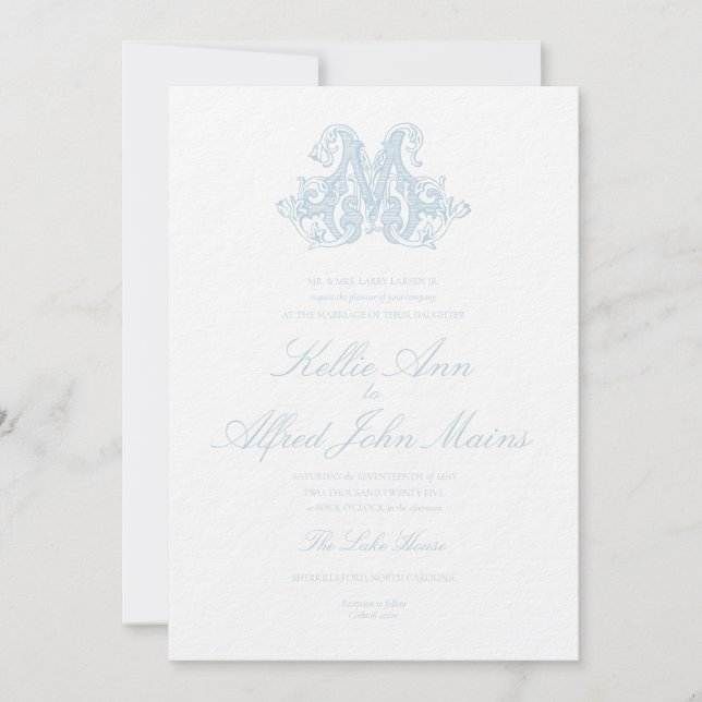 Invitación de boda con monograma "M" azul claro (Anverso)