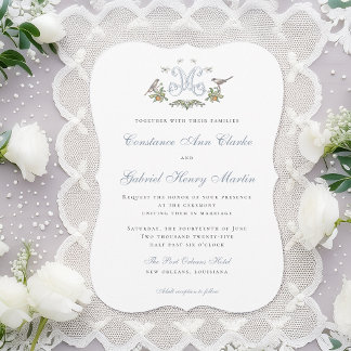 Invitación de Boda con Monograma "M" de Love Birds