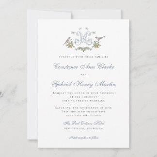 Invitación de Boda con Monograma "M" de Pájaros de