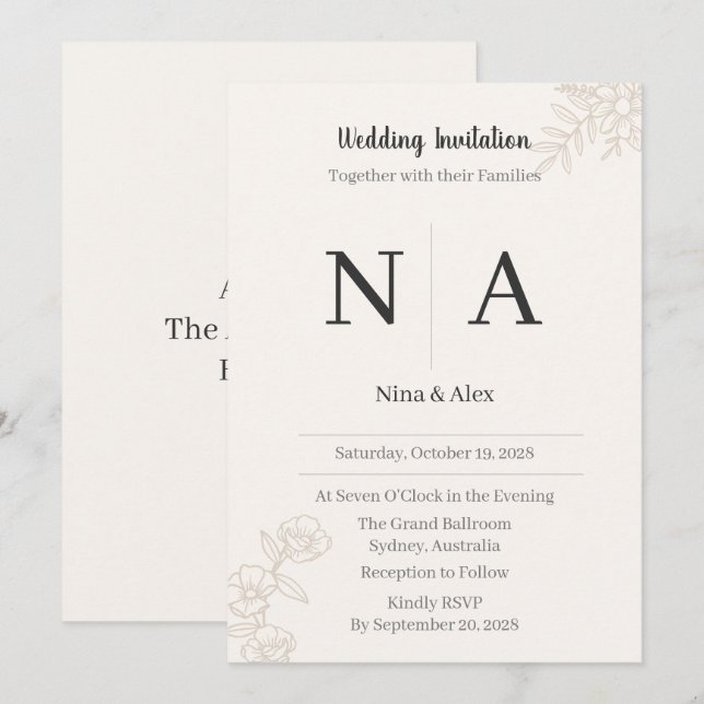 Invitación de boda con monograma minimalista (Anverso / Reverso)