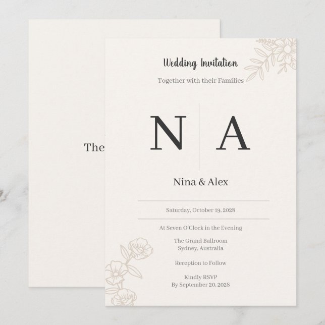 Invitación de boda con monograma minimalista (Anverso / Reverso)
