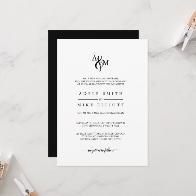 Invitación de boda con monograma moderno en blanco (Anverso/Reverso In Situ)