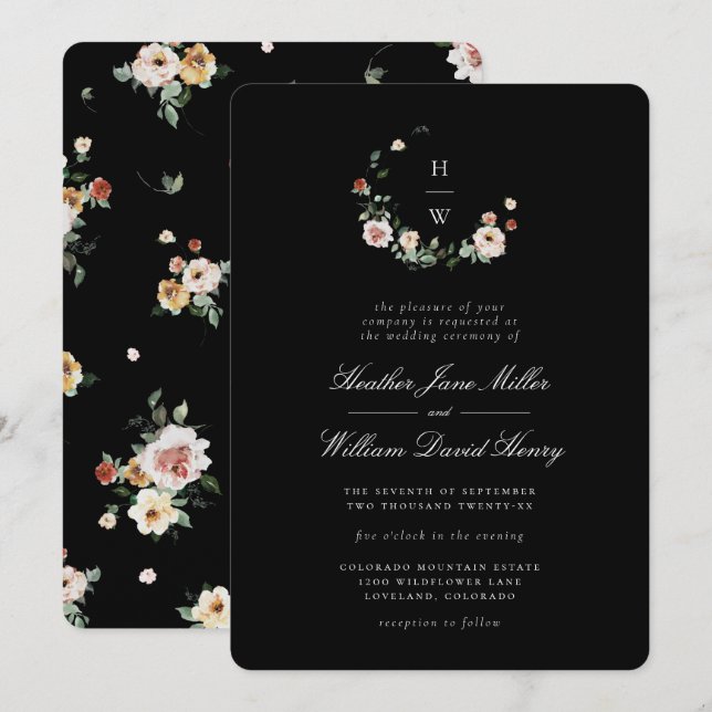 Invitación de boda con monograma negro (Anverso / Reverso)