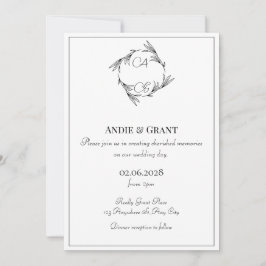 Invitación de boda con monograma negro elegante