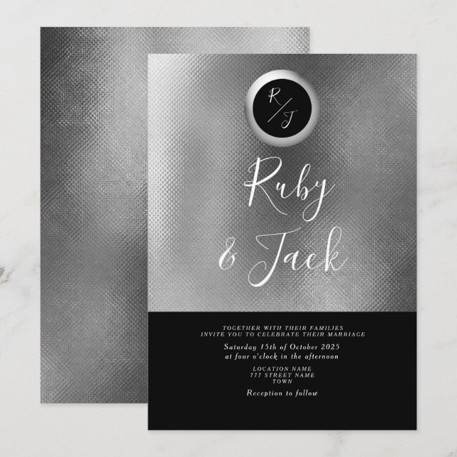 Invitación de boda con monograma negro elegante (Anverso / Reverso)
