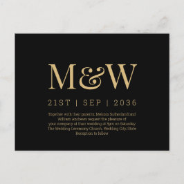 Invitación de boda con monograma negro y dorado mo