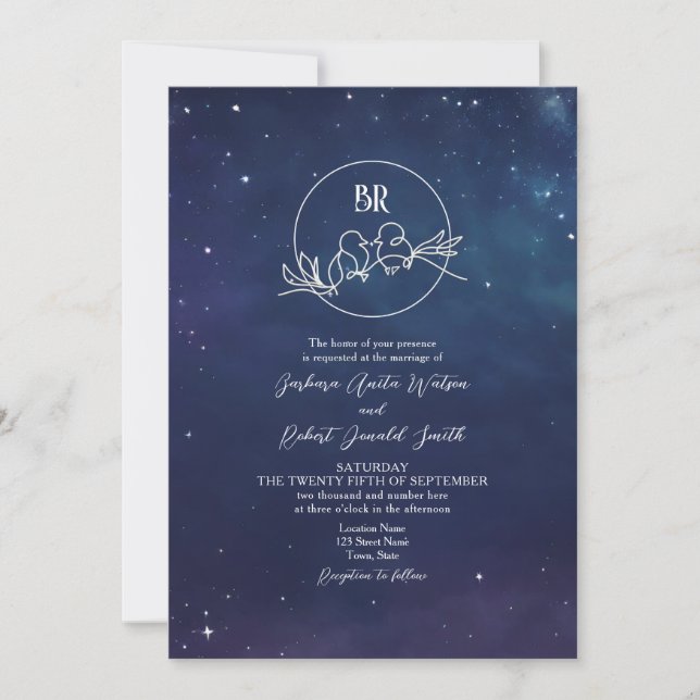Invitación de Boda con Monograma Nocturno Estrella (Anverso)