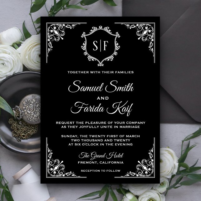 Invitación de boda con monograma ornamentado en bl (Subido por el creador)