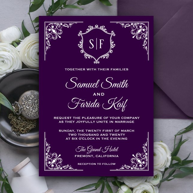 Invitación de boda con monograma ornamentado púrpu (Subido por el creador)