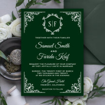 Invitación de boda con monograma ornamentado verde