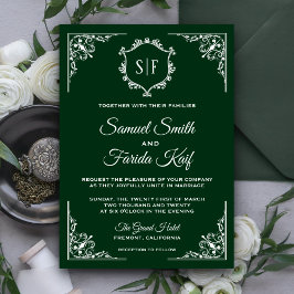 Invitación de boda con monograma ornamentado verde