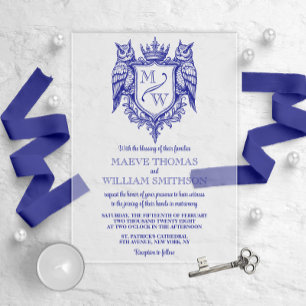 Invitación de boda con monograma real Owl Crest