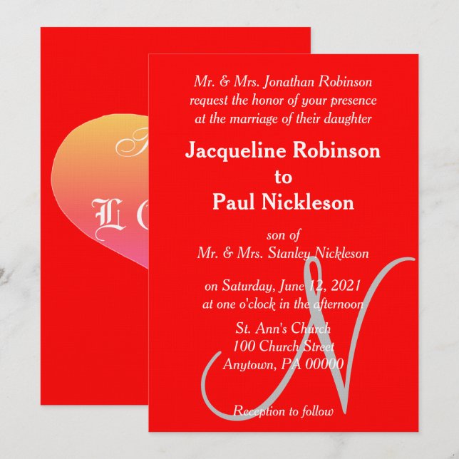 Invitación de Boda con Monograma Rojo y Corazón de (Anverso / Reverso)