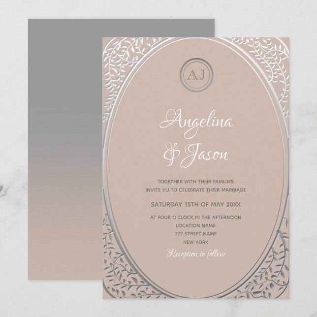 Invitación de boda con monograma rosa y plata (Anverso / Reverso)