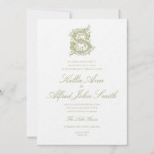 Invitación de boda con monograma "S" en verde oliv