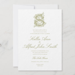 Invitación de boda con monograma "S" en verde oliv