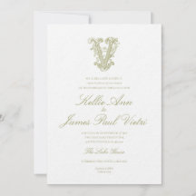 Invitación de boda con monograma "V" en verde oliv