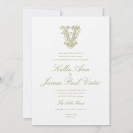 Invitación de boda con monograma "V" en verde oliv