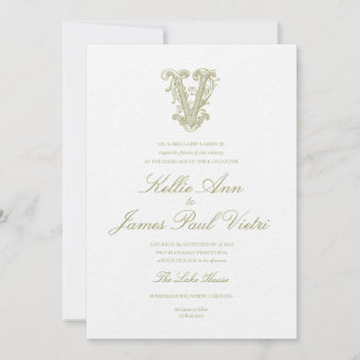 Invitación de boda con monograma "V" en verde oliv