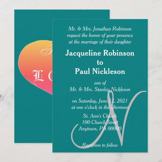 Invitación de Boda con Monograma Verde Turquesa y  (Anverso / Reverso)