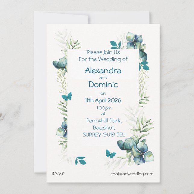 Invitación de boda con motivo floral y de mariposa (Anverso)