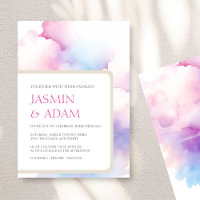 Invitación de boda con nubes de acuarela rosa azul