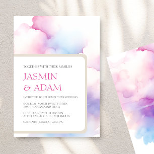 Invitación de boda con nubes de acuarela rosa azul