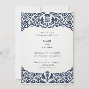 Invitación de boda con nudo celta azul marino
