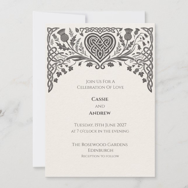Invitación de boda con nudo celta y cardo (Anverso)