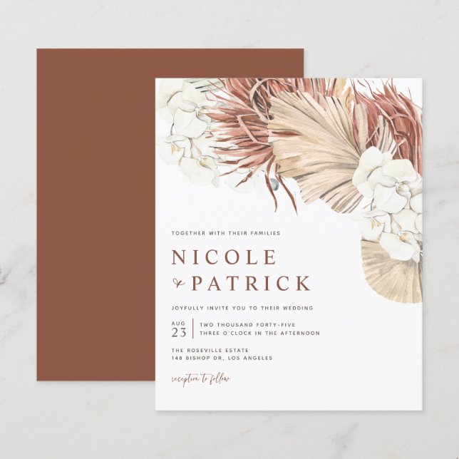 Invitación de boda con orquídeas boho y hojas de p (Anverso / Reverso)