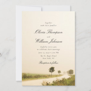 Invitación de boda con paisaje campestre romántico