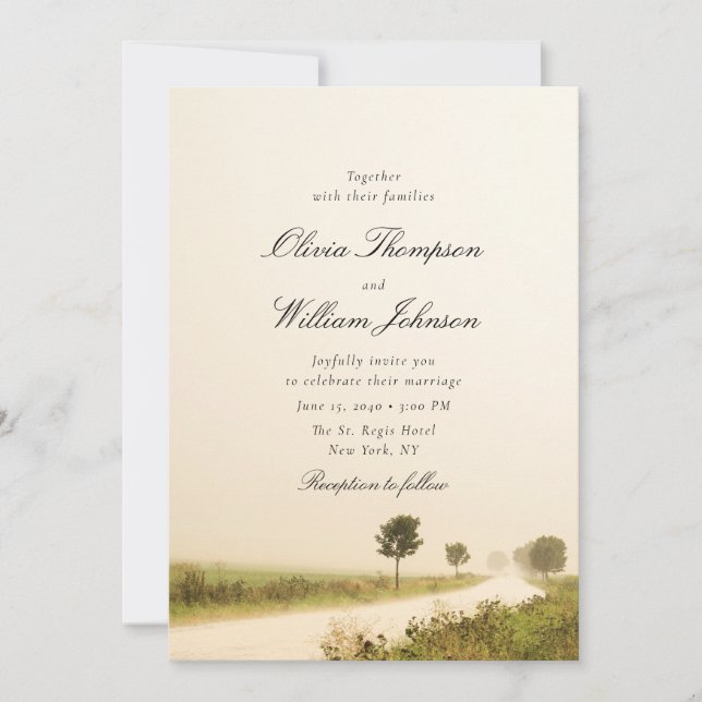 Invitación de boda con paisaje campestre romántico (Anverso)