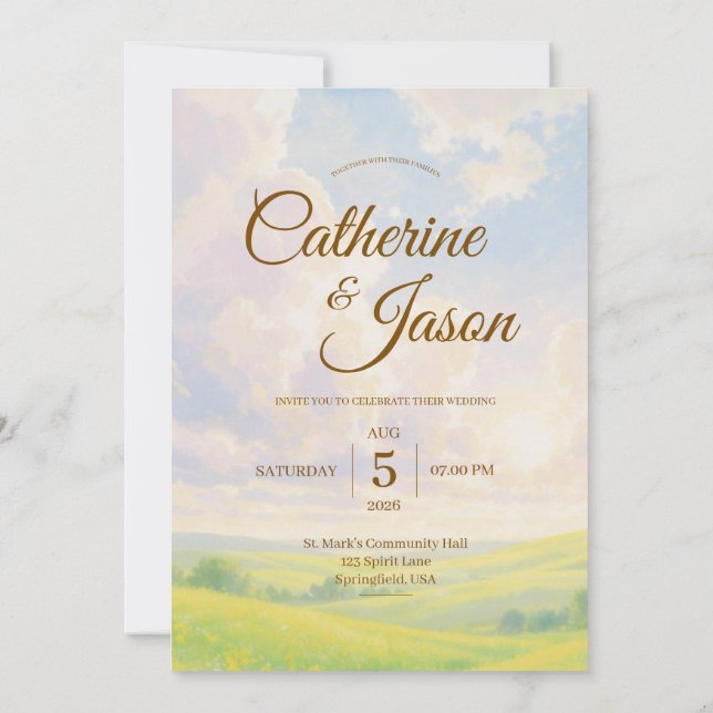 Invitación de boda con paisaje de acuarela de bell (Reverso)