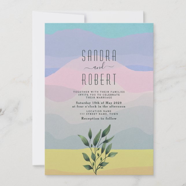 Invitación de boda con paisaje de acuarela pastel (Anverso)