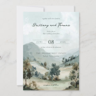 Invitación de boda con paisaje sereno a la acuarel